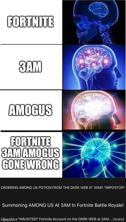 FORTNITE; 3AM; AMOGUS; FORTNITE 3AM AMOGUS GONE WRONG | image tagged in memes,expanding brain | made w/ Imgflip meme maker