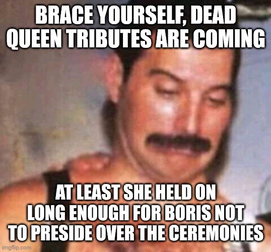 Dead Queen images everywhere | BRACE YOURSELF, DEAD QUEEN TRIBUTES ARE COMING; AT LEAST SHE HELD ON LONG ENOUGH FOR BORIS NOT TO PRESIDE OVER THE CEREMONIES | image tagged in freddie mercury funny face | made w/ Imgflip meme maker