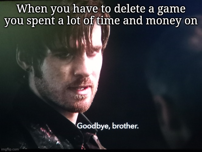 First time making a meme template | When you have to delete a game you spent a lot of time and money on | image tagged in goodbye brother | made w/ Imgflip meme maker