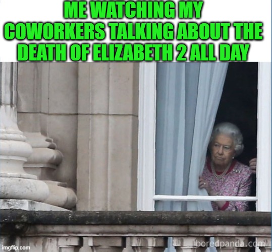 Can't wait until next Sunday to hear about 9/11 anniversary... | ME WATCHING MY COWORKERS TALKING ABOUT THE DEATH OF ELIZABETH 2 ALL DAY | image tagged in queen elizabeth window peeper angry blank,death,2022,queen elizabeth,i dont care,political meme | made w/ Imgflip meme maker