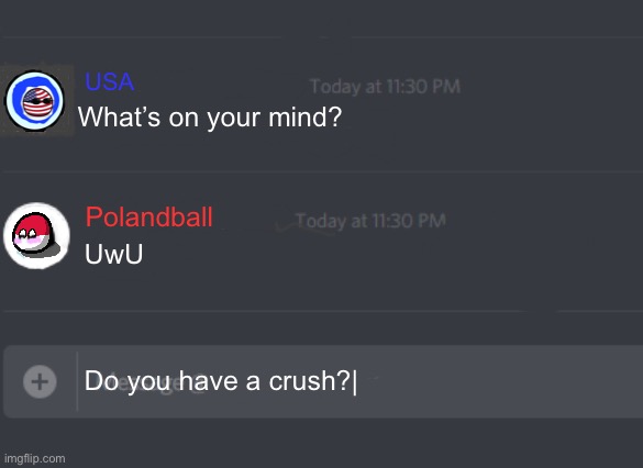 Polandball finally has a crush! | USA; What’s on your mind? Polandball; UwU; Do you have a crush?| | image tagged in discord chat | made w/ Imgflip meme maker