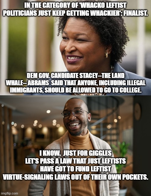 Whacko leftist feel good laws -- paid for out of THEIR own pockets. | IN THE CATEGORY OF 'WHACKO LEFTIST POLITICIANS JUST KEEP GETTING WHACKIER': FINALIST. DEM GOV. CANDIDATE STACEY--THE LAND WHALE-- ABRAMS  SAID THAT ANYONE, INCLUDING ILLEGAL IMMIGRANTS, SHOULD BE ALLOWED TO GO TO COLLEGE. I KNOW.  JUST FOR GIGGLES LET'S PASS A LAW THAT JUST LEFTISTS HAVE GOT TO FUND LEFTIST VIRTUE-SIGNALING LAWS OUT OF THEIR OWN POCKETS. | image tagged in land whale | made w/ Imgflip meme maker