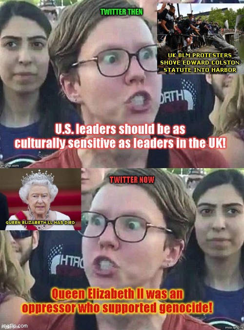 Twitter's SJWs flaunt their hypocrisy following death of Queen Elizabeth ll | UK BLM PROTESTERS SHOVE EDWARD COLSTON STATUTE INTO HARBOR | image tagged in twitter,social justice warriors,liberal hypocrisy,leftists,queen elizabeth ll,leftist hate | made w/ Imgflip meme maker