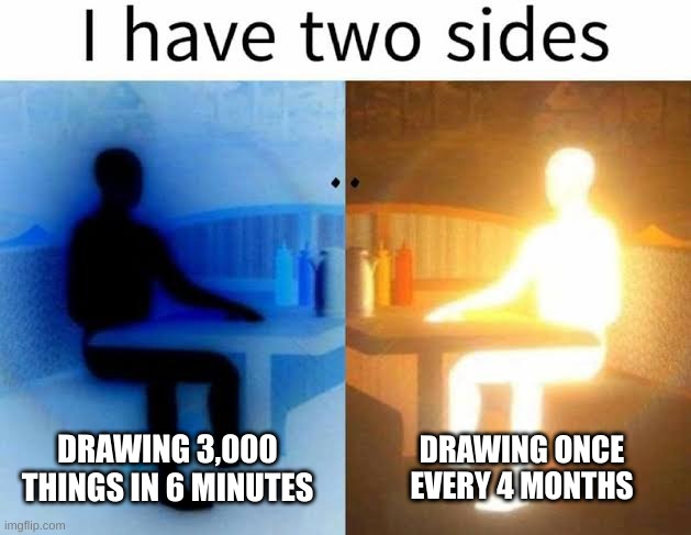 I have 2 sides | DRAWING 3,000 THINGS IN 6 MINUTES; DRAWING ONCE EVERY 4 MONTHS | made w/ Imgflip meme maker