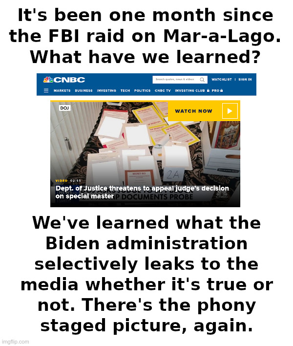 One Month Later: What Have We Learned? | image tagged in joe biden,democrats,fbi,raid,mar-a-lago,fake news | made w/ Imgflip meme maker