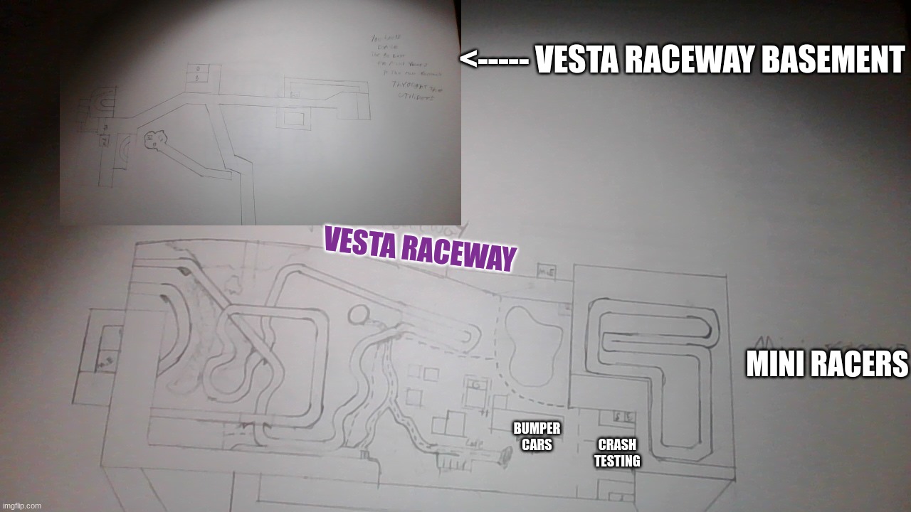 Vesta Raceway! | <----- VESTA RACEWAY BASEMENT; VESTA RACEWAY; MINI RACERS; CRASH TESTING; BUMPER CARS | image tagged in geodome,spend the night,drawings | made w/ Imgflip meme maker