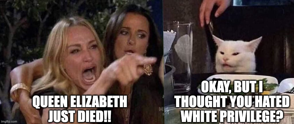 woman yelling at cat | QUEEN ELIZABETH JUST DIED!! OKAY, BUT I THOUGHT YOU HATED WHITE PRIVILEGE? | image tagged in woman yelling at cat | made w/ Imgflip meme maker