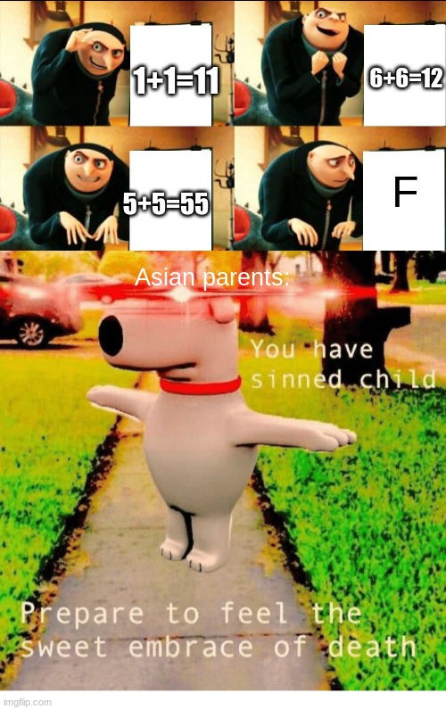 DEATH | 6+6=12; 1+1=11; 5+5=55; F; Asian parents: | image tagged in gru diabolical plan fail,you have sinned child prepare to feel the sweet embrace of death | made w/ Imgflip meme maker