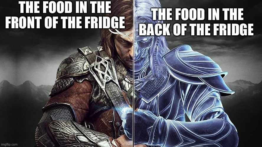 A very lame meme but I like Shadow of War so I needed to do this | THE FOOD IN THE FRONT OF THE FRIDGE; THE FOOD IN THE BACK OF THE FRIDGE | image tagged in shadow of war | made w/ Imgflip meme maker