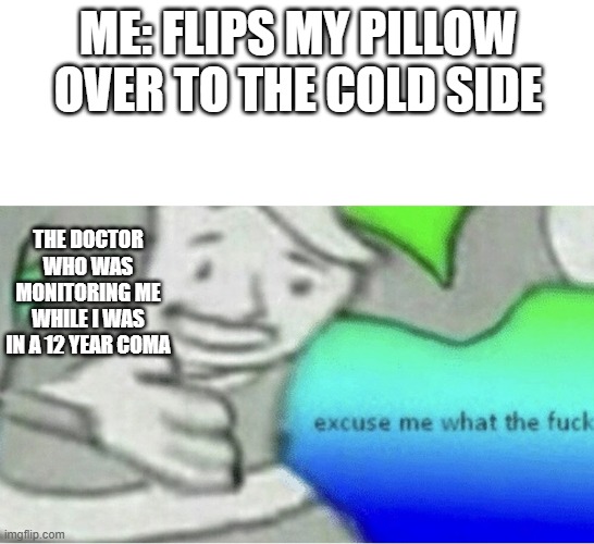 what | ME: FLIPS MY PILLOW OVER TO THE COLD SIDE; THE DOCTOR WHO WAS MONITORING ME WHILE I WAS IN A 12 YEAR COMA | image tagged in excuse me wtf blank template | made w/ Imgflip meme maker