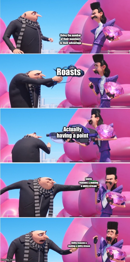 MSMG vs rivals be like: | Using the number of their members to their advantage; Roasts; Actually having a point; Shitty reasons & making a shitty stream; Shitty reasons & making a shitty stream | image tagged in gru vs bratt | made w/ Imgflip meme maker