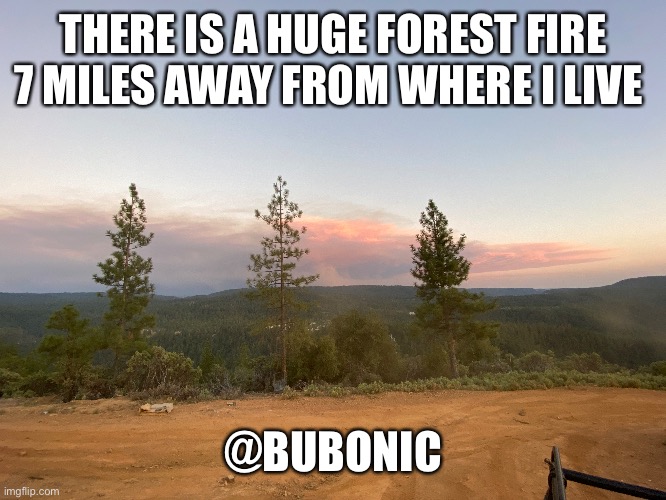 THERE IS A HUGE FOREST FIRE 7 MILES AWAY FROM WHERE I LIVE; @BUBONIC | made w/ Imgflip meme maker