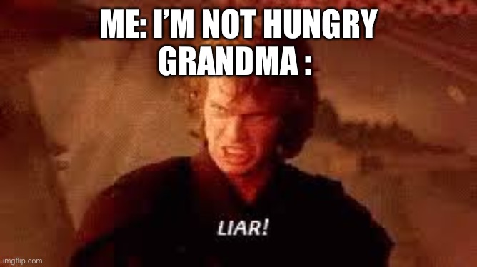 No grandma really I’m not hungry | ME: I’M NOT HUNGRY; GRANDMA : | image tagged in anakin liar | made w/ Imgflip meme maker