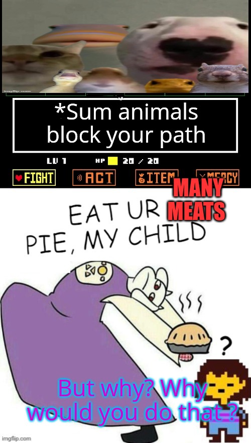 Toriel Makes Pies | *Sum animals block your path; MANY MEATS; But why? Why would you do that ? | image tagged in toriel makes pies,undertale,toriel,pie | made w/ Imgflip meme maker