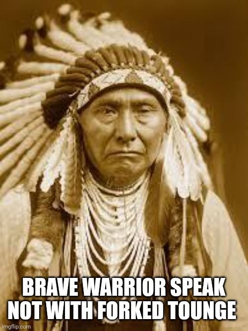 Native American | BRAVE WARRIOR SPEAK NOT WITH FORKED TOUNGE | image tagged in native american | made w/ Imgflip meme maker