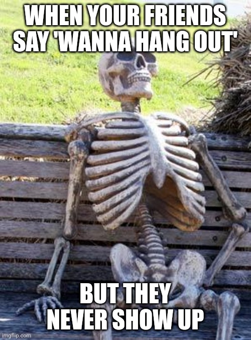 We can all relate | WHEN YOUR FRIENDS SAY 'WANNA HANG OUT'; BUT THEY NEVER SHOW UP | image tagged in memes,waiting skeleton | made w/ Imgflip meme maker