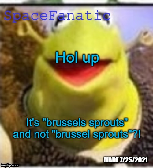 Ye Olde Announcements | Hol up; It's "brussels sprouts" and not "brussel sprouts"?! | image tagged in spacefanatic announcement temp | made w/ Imgflip meme maker