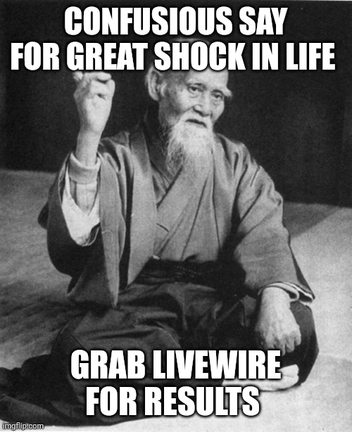Wise Master | CONFUSIOUS SAY FOR GREAT SHOCK IN LIFE GRAB LIVEWIRE FOR RESULTS | image tagged in wise master | made w/ Imgflip meme maker