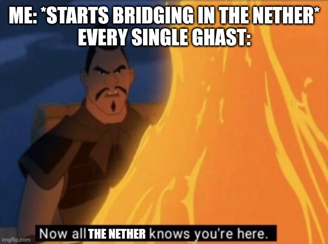 So many of my deaths are because of this | ME: *STARTS BRIDGING IN THE NETHER*
EVERY SINGLE GHAST:; THE NETHER | image tagged in now all of china knows you're here,minecraft,video games,gaming,nether | made w/ Imgflip meme maker