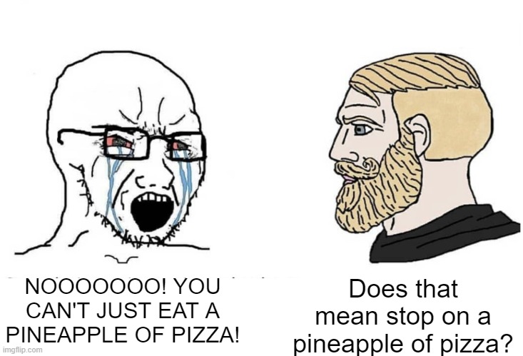 I don't like a pineapple of pizza | Does that mean stop on a pineapple of pizza? NOOOOOOO! YOU CAN'T JUST EAT A PINEAPPLE OF PIZZA! | image tagged in soyboy vs yes chad,memes | made w/ Imgflip meme maker