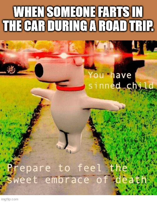 You have sinned child prepare to feel the sweet embrace of death |  WHEN SOMEONE FARTS IN THE CAR DURING A ROAD TRIP. | image tagged in you have sinned child prepare to feel the sweet embrace of death | made w/ Imgflip meme maker