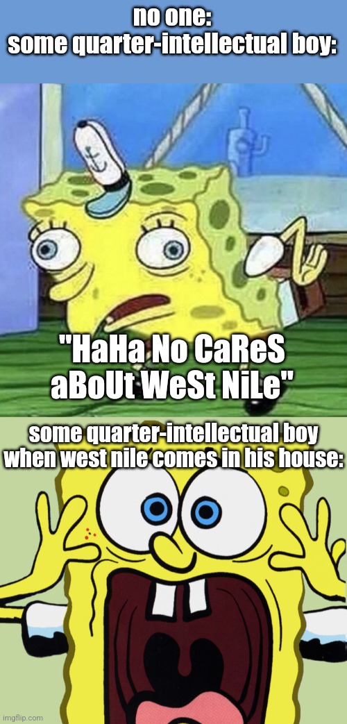random West Nile Meme | no one:
some quarter-intellectual boy:; "HaHa No CaReS aBoUt WeSt NiLe"; some quarter-intellectual boy when west nile comes in his house: | image tagged in virus,random,memes,mocking spongebob | made w/ Imgflip meme maker