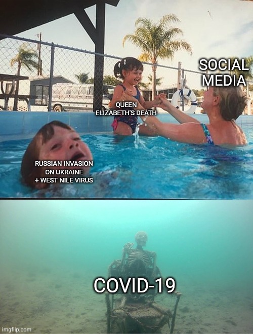 Social Media rn | SOCIAL MEDIA; QUEEN ELIZABETH'S DEATH; RUSSIAN INVASION ON UKRAINE + WEST NILE VIRUS; COVID-19 | image tagged in mother ignoring kid drowning in a pool,coronavirus,covid-19,russia,ukraine,queen elizabeth | made w/ Imgflip meme maker