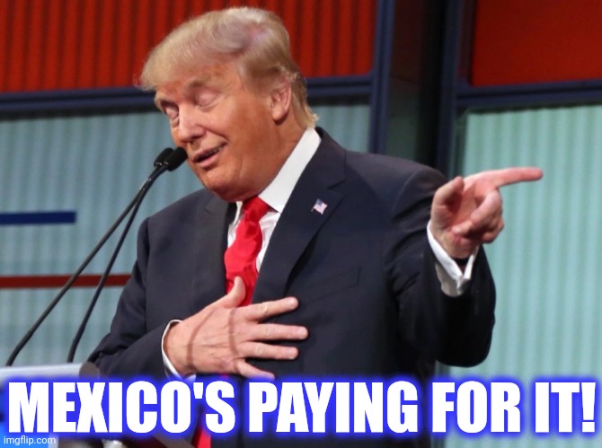 Trump Pointing Away | MEXICO'S PAYING FOR IT! | image tagged in trump pointing away | made w/ Imgflip meme maker