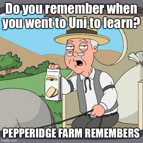 Pepperidge Farm Remembers Meme | Do you remember when you went to Uni to learn? PEPPERIDGE FARM REMEMBERS | image tagged in memes,pepperidge farm remembers | made w/ Imgflip meme maker