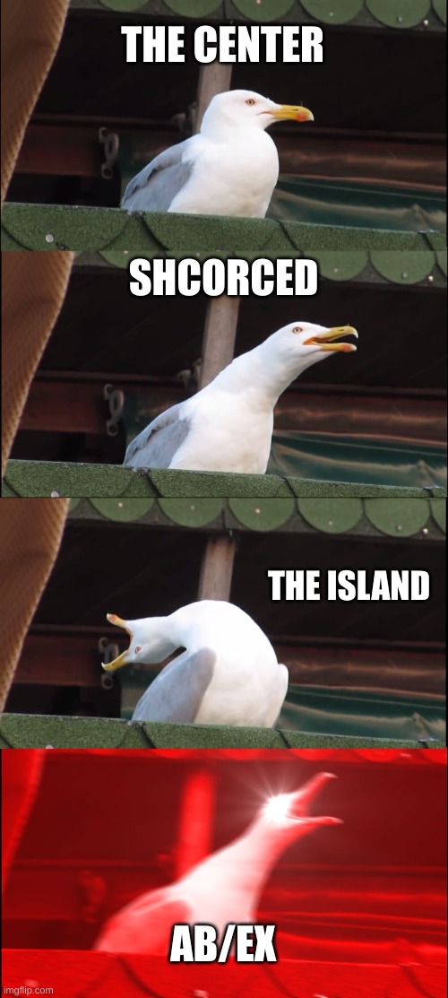 Inhaling Seagull | THE CENTER; SHCORCED; THE ISLAND; AB/EX | image tagged in memes,inhaling seagull | made w/ Imgflip meme maker