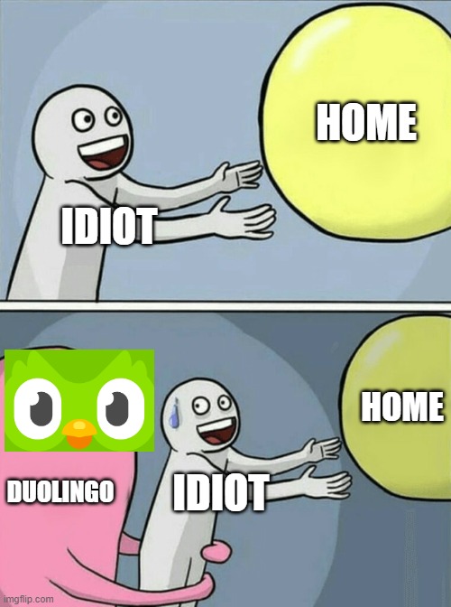 im just a literal duolingo meme guy | HOME; IDIOT; HOME; DUOLINGO; IDIOT | image tagged in memes,running away balloon,duolingo | made w/ Imgflip meme maker
