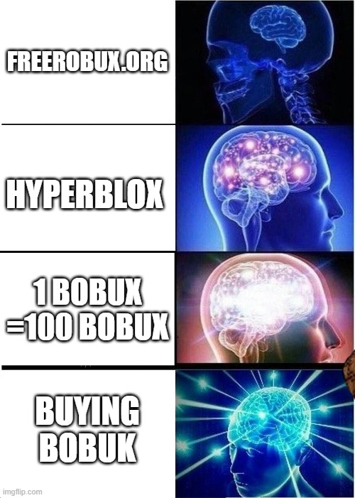 bobux | FREEROBUX.ORG; HYPERBLOX; 1 BOBUX =100 BOBUX; BUYING BOBUK | image tagged in memes,expanding brain | made w/ Imgflip meme maker