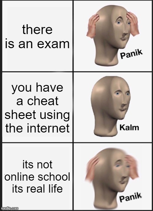 I hate school, upvote if u agree | there is an exam; you have a cheat sheet using the internet; its not online school its real life | image tagged in memes,panik kalm panik | made w/ Imgflip meme maker