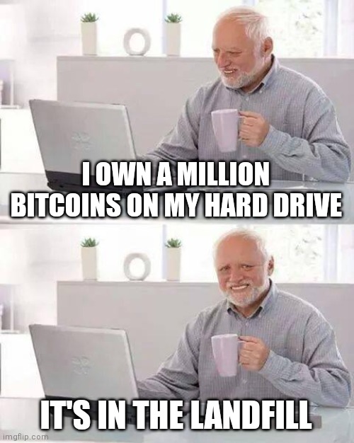 Hide the pain please |  I OWN A MILLION BITCOINS ON MY HARD DRIVE; IT'S IN THE LANDFILL | image tagged in memes,hide the pain harold,bitcoin,btc,cryptocurrency,crypto | made w/ Imgflip meme maker