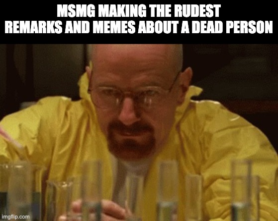 Walter White Cooking | MSMG MAKING THE RUDEST REMARKS AND MEMES ABOUT A DEAD PERSON | image tagged in walter white cooking | made w/ Imgflip meme maker