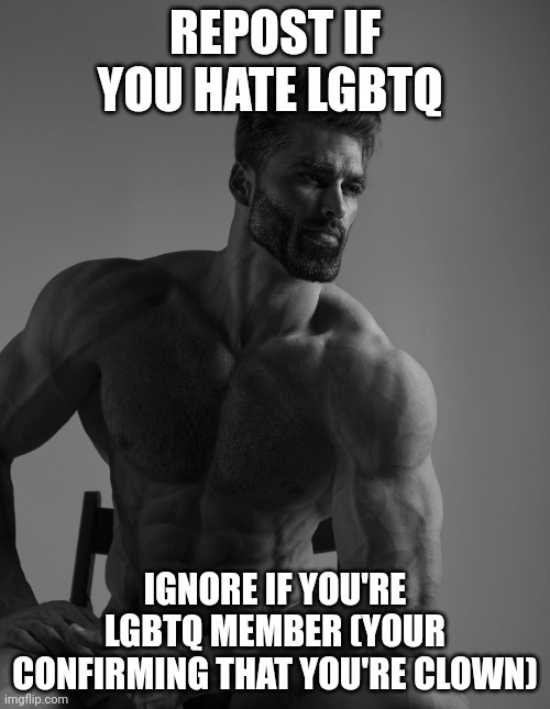 Giga Chad | REPOST IF YOU HATE LGBTQ; IGNORE IF YOU'RE LGBTQ MEMBER (YOUR CONFIRMING THAT YOU'RE CLOWN) | image tagged in giga chad | made w/ Imgflip meme maker