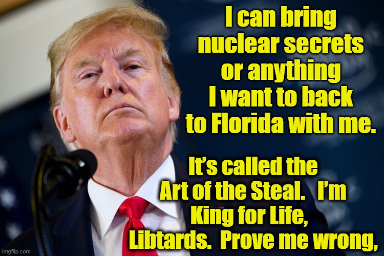 KIng Donald & Nuclear Secrets | I can bring nuclear secrets or anything I want to back to Florida with me. It’s called the Art of the Steal.   I’m King for Life,  
 Libtards.  Prove me wrong, | image tagged in maga,donald trump you're fired,donald trump approves,trump,deplorable donald,trump to gop | made w/ Imgflip meme maker