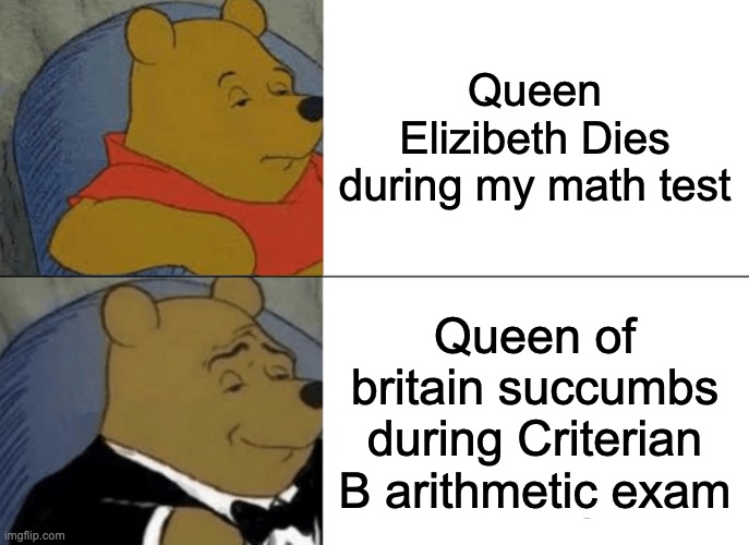 Tuxedo Winnie The Pooh Meme | Queen Elizibeth Dies during my math test; Queen of britain succumbs during Criterian B arithmetic exam | image tagged in memes,tuxedo winnie the pooh | made w/ Imgflip meme maker