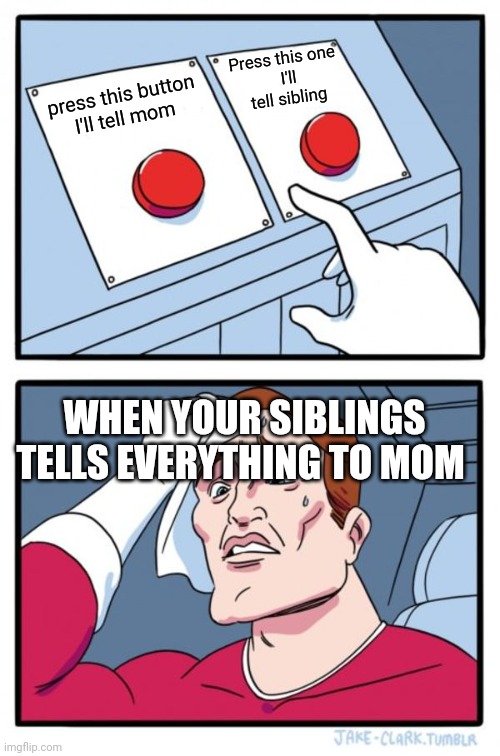 Two Buttons | Press this one 
 I'll tell sibling; press this button
I'll tell mom; WHEN YOUR SIBLINGS TELLS EVERYTHING TO MOM | image tagged in memes,two buttons | made w/ Imgflip meme maker