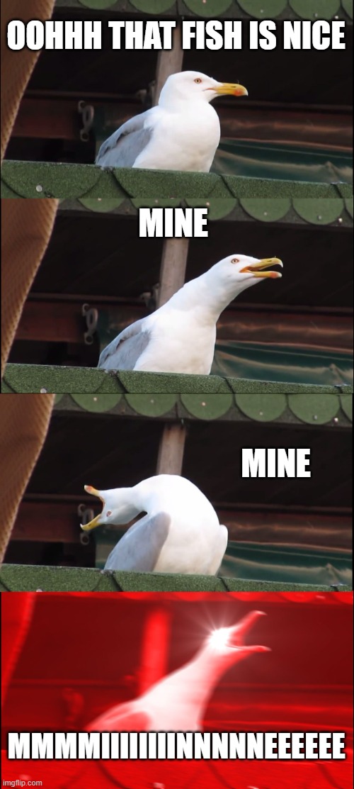 Inhaling Seagull Meme | OOHHH THAT FISH IS NICE; MINE; MINE; MMMMIIIIIIIINNNNNEEEEEE | image tagged in memes,inhaling seagull | made w/ Imgflip meme maker