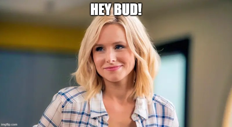 Hey Bud - Eleanor from The Good Place | HEY BUD! | image tagged in hey bud | made w/ Imgflip meme maker