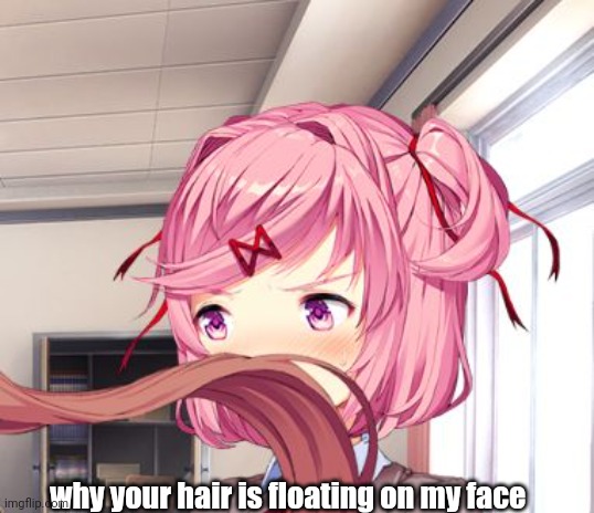 why | why your hair is floating on my face | image tagged in monika why | made w/ Imgflip meme maker