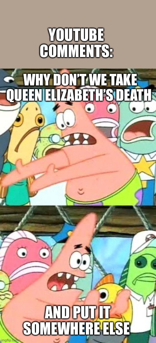 Put the news not in my vr chat furry video |  YOUTUBE COMMENTS:; WHY DON’T WE TAKE QUEEN ELIZABETH’S DEATH; AND PUT IT SOMEWHERE ELSE | image tagged in memes,put it somewhere else patrick | made w/ Imgflip meme maker