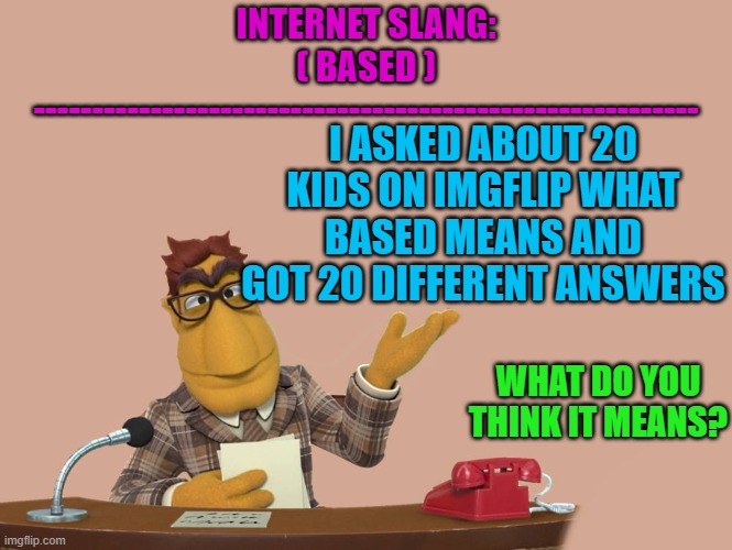 based | INTERNET SLANG:
( BASED )
---------------------------------------------------------; I ASKED ABOUT 20 KIDS ON IMGFLIP WHAT BASED MEANS AND GOT 20 DIFFERENT ANSWERS; WHAT DO YOU THINK IT MEANS? | image tagged in news,based | made w/ Imgflip meme maker