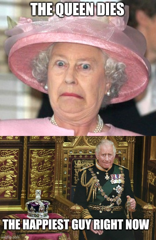 Rip |  THE QUEEN DIES; THE HAPPIEST GUY RIGHT NOW | image tagged in the queen elizabeth ii,king charles iii | made w/ Imgflip meme maker