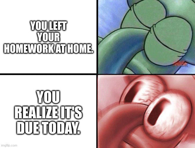 sleeping Squidward | YOU LEFT YOUR HOMEWORK AT HOME. YOU REALIZE IT'S DUE TODAY. | image tagged in sleeping squidward | made w/ Imgflip meme maker