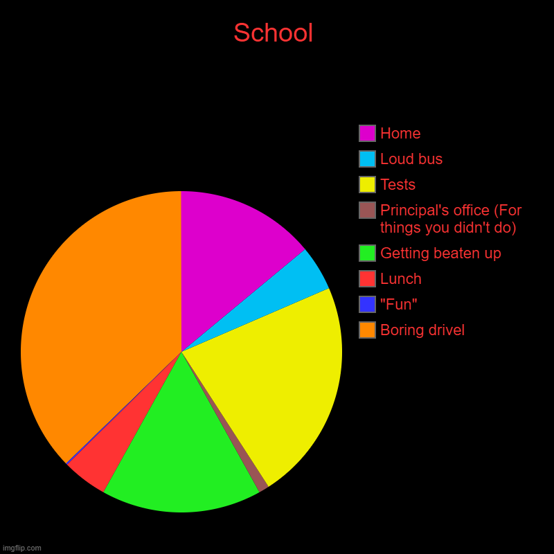 School | School | Boring drivel, "Fun", Lunch, Getting beaten up, Principal's office (For things you didn't do), Tests, Loud bus, Home | image tagged in charts,pie charts | made w/ Imgflip chart maker