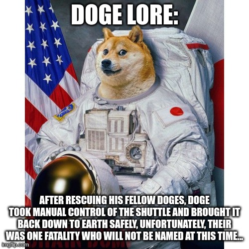 The legend of dogernaut | DOGE LORE:; AFTER RESCUING HIS FELLOW DOGES, DOGE TOOK MANUAL CONTROL OF THE SHUTTLE AND BROUGHT IT BACK DOWN TO EARTH SAFELY, UNFORTUNATELY, THEIR WAS ONE FATALITY WHO WILL NOT BE NAMED AT THIS TIME... | image tagged in doge astronaut | made w/ Imgflip meme maker