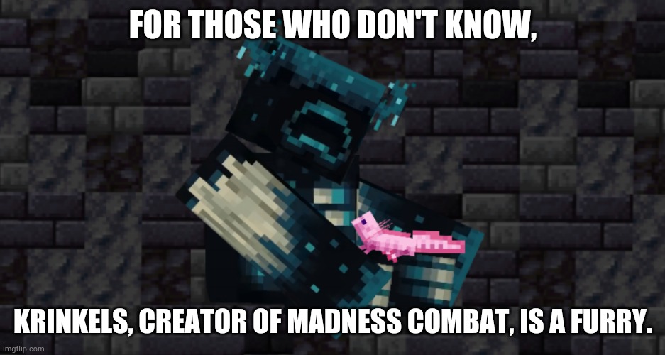 FOR THOSE WHO DON'T KNOW, KRINKELS, CREATOR OF MADNESS COMBAT, IS A FURRY. | image tagged in the warden and an axolotl | made w/ Imgflip meme maker