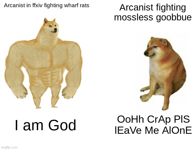 Buff Doge vs. Cheems | Arcanist in ffxiv fighting wharf rats; Arcanist fighting mossless goobbue; I am God; OoHh CrAp PlS lEaVe Me AlOnE | image tagged in memes,buff doge vs cheems | made w/ Imgflip meme maker